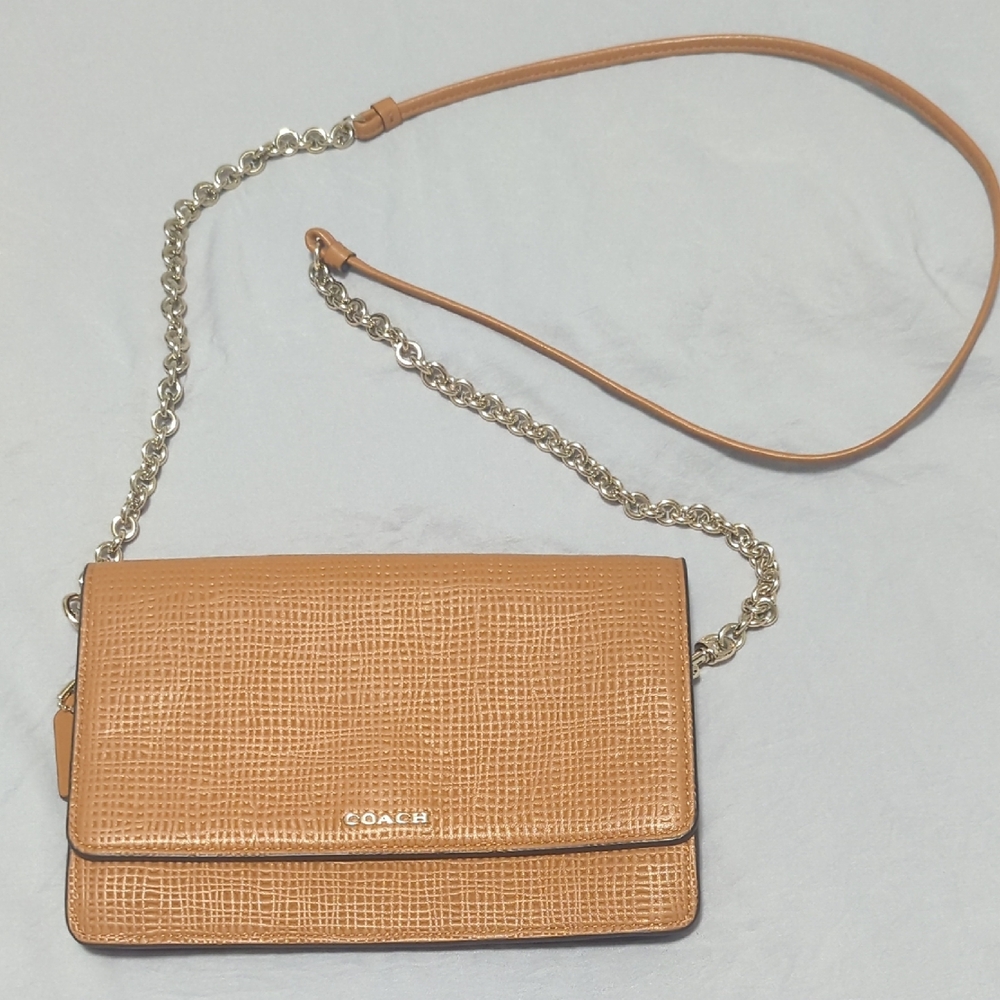 Coach Tan Leather Crossbody Bag with Chain Strap